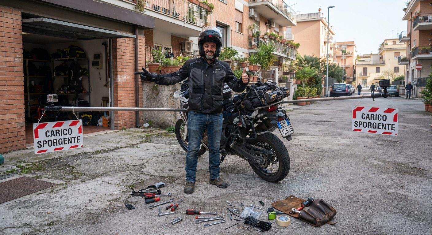 Motociclista pronto a controllare la sagoma dell'action cam sulla moto prima di partire, con cartelli di carico sporgente